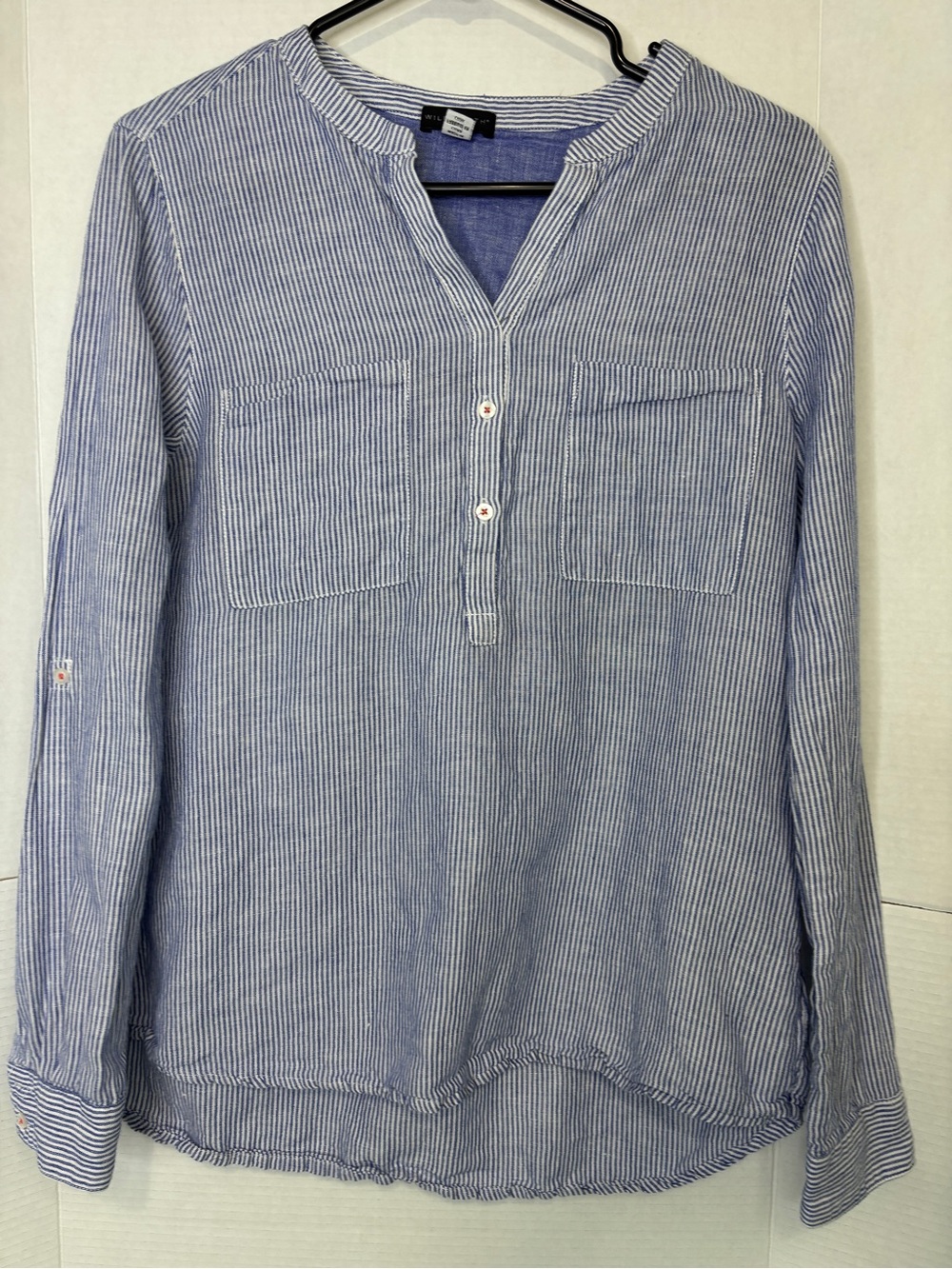 Willi Smith Women’s Pinstripe Long-Sleeve Henley Cotton/Linen Blend Nautical Top